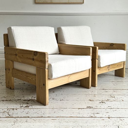 A Pair of French 1970's Pine Armchairs