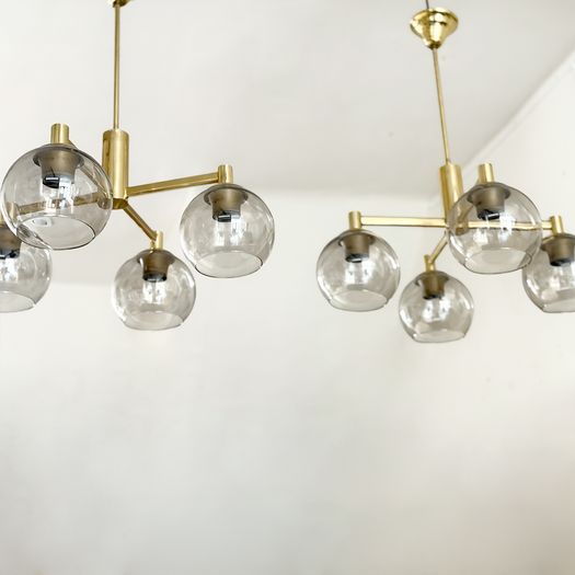 A Pair of 1970's French Brass Plated Pendant Lights with Original Glass Shades