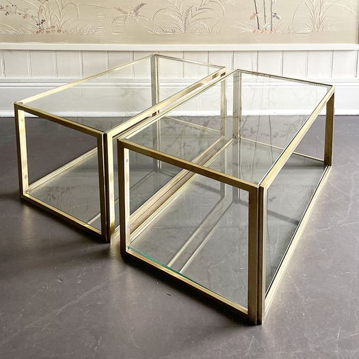 A Pair of 1970's Italian Two Tier Brass & Glass Side Tables
