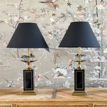 A Pair of 1970's Maison Charles Brass Lacquer & Glass Table Lights