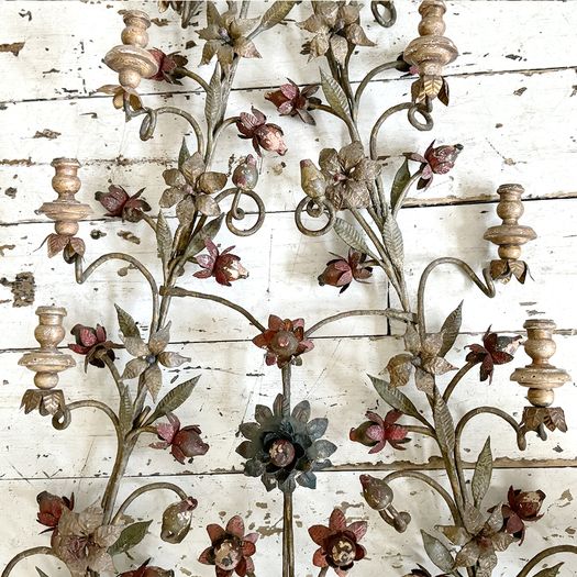 A Huge Pair of Antique Italian Polychrome Floral Sconce Candelabras