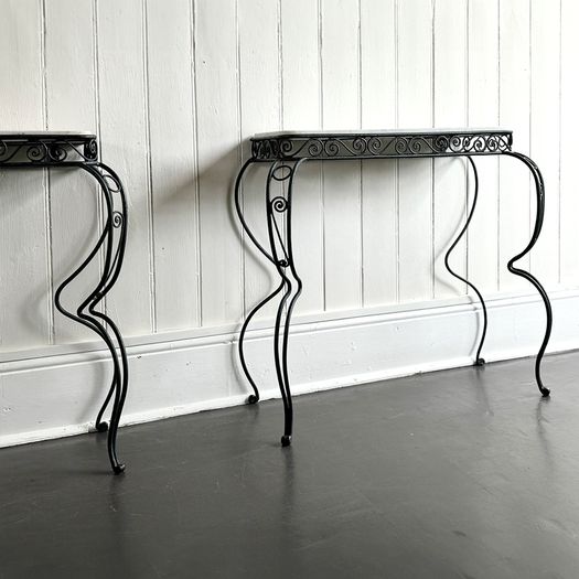 A Pair of 1960's Spanish Metal Console Tables with Original Marble Tops