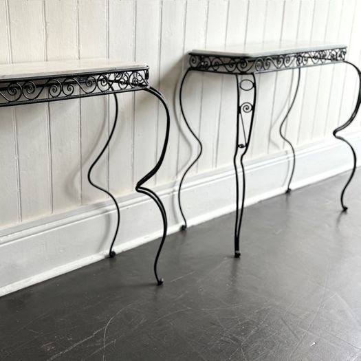 A Pair of 1960's Spanish Metal Console Tables with Original Marble Tops