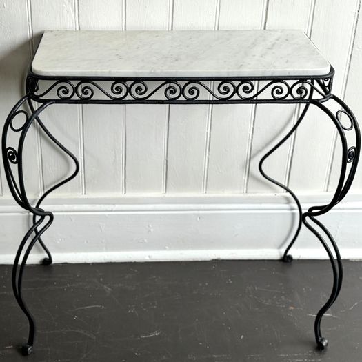 A Pair of 1960's Spanish Metal Console Tables with Original Marble Tops