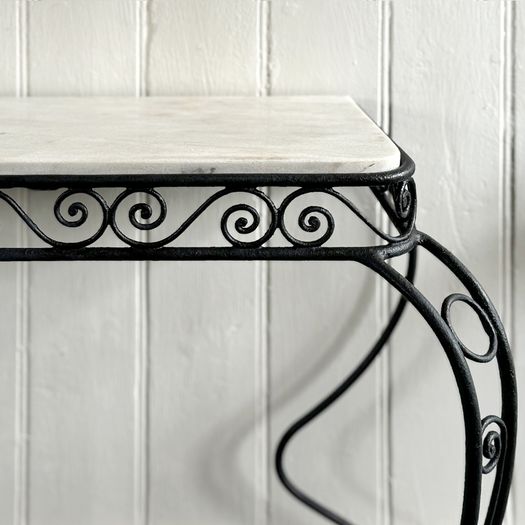 A Pair of 1960's Spanish Metal Console Tables with Original Marble Tops