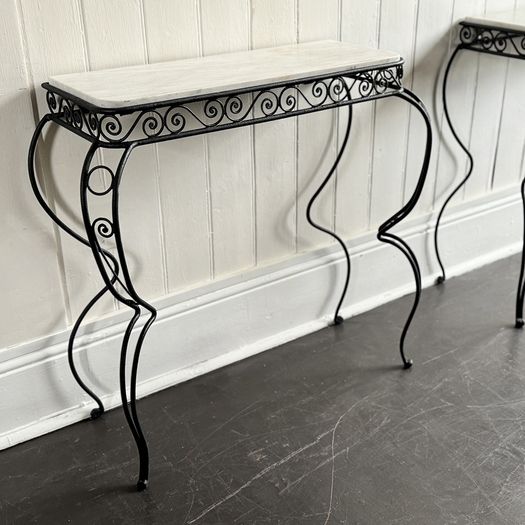 A Pair of 1960's Spanish Metal Console Tables with Original Marble Tops