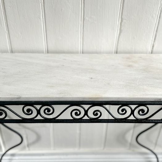 A Pair of 1960's Spanish Metal Console Tables with Original Marble Tops