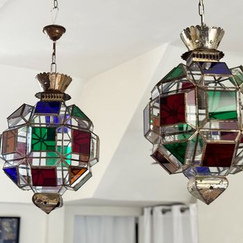 Two Vintage Spanish Coloured Glass Lanterns