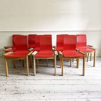 A Set of 12 1960's French Red Lacquer and Beech Dining Chairs