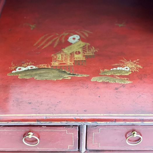 A Regency Red Lacquered Chinoiserie Faux Bamboo Bonheur Du Jour