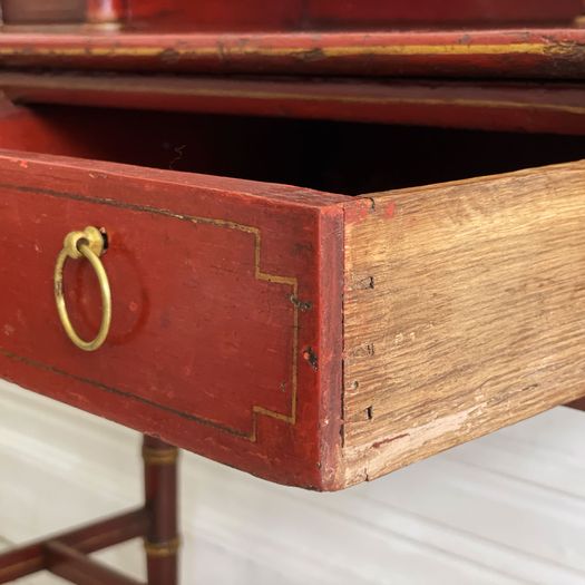 A Regency Red Lacquered Chinoiserie Faux Bamboo Bonheur Du Jour