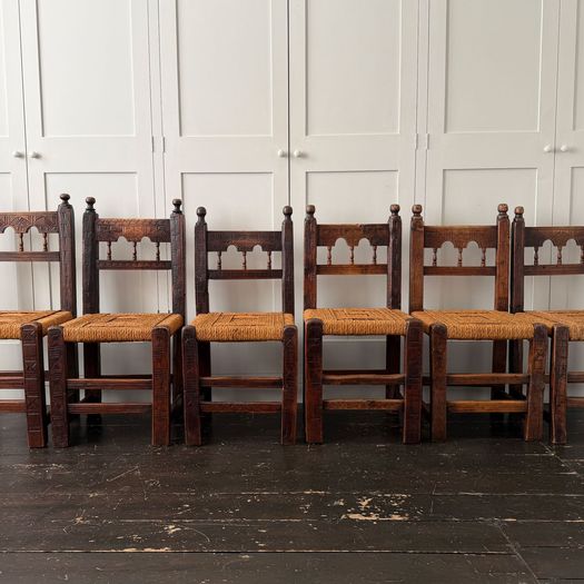 A Set of Six Antique Carved Folk Art Pyrenean Chairs with Woven Seats