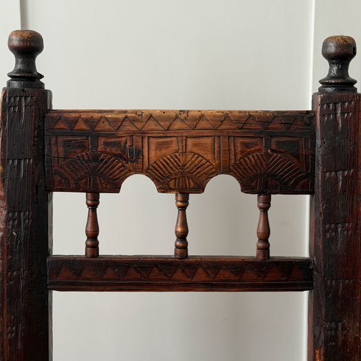 A Set of Six Antique Carved Folk Art Pyrenean Chairs with Woven Seats