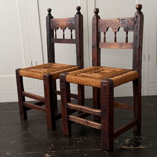 A Set of Six Antique Carved Folk Art Pyrenean Chairs with Woven Seats