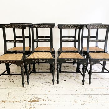 A Set of 19th C Eight Irish Ebonised Dining Chairs with Bone Inlay