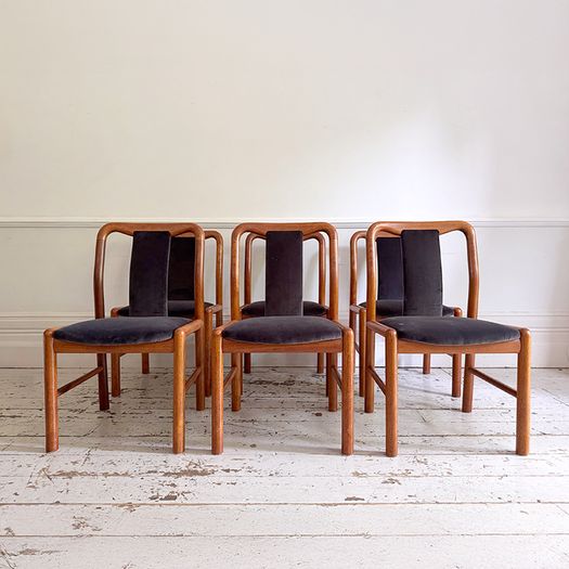 A Set of 6 1960's Danish Dining Chairs in Dark Brown Velvet by Boltinge