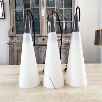 A Set of Three Mid Century French Opaque Glass Pendant Lights