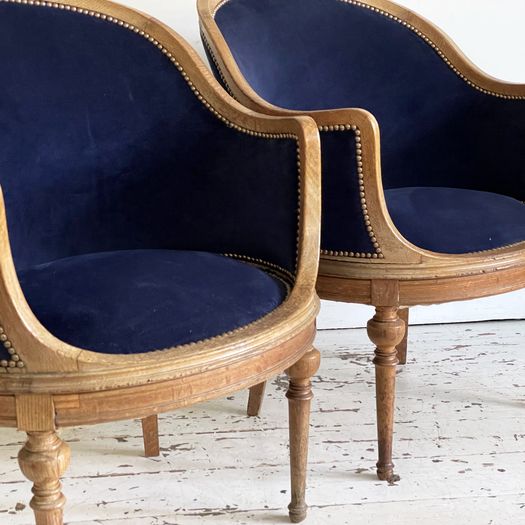 A Pair of 19th C English Oak Library Tub Armchairs with Velvet Covering