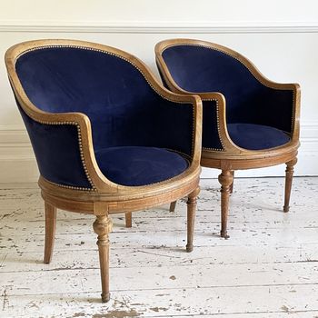 A Pair of 19th C English Oak Library Tub Armchairs with Velvet Covering