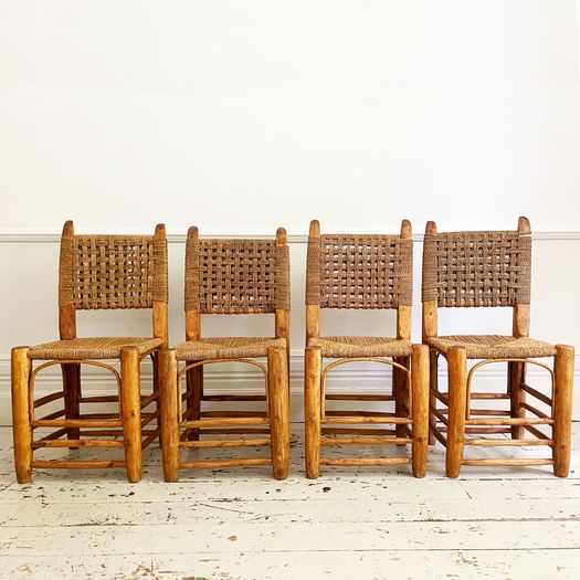 A Set of Four Mid Century Spanish Rope and Wood Chairs