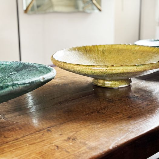 An Extra Large Glazed Yellow Vintage Moroccan Serving Fruit Dish on Stand