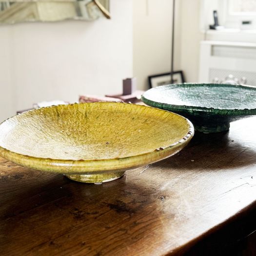 An Extra Large Glazed Yellow Vintage Moroccan Serving Fruit Dish on Stand