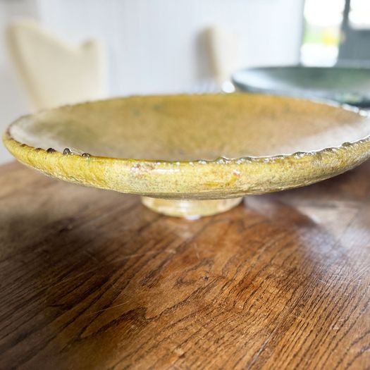 An Extra Large Glazed Yellow Vintage Moroccan Serving Fruit Dish on Stand