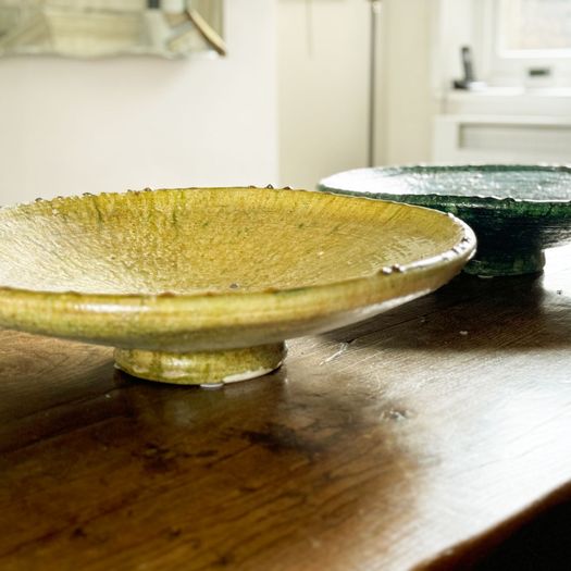 An Extra Large Glazed Yellow Vintage Moroccan Serving Fruit Dish on Stand