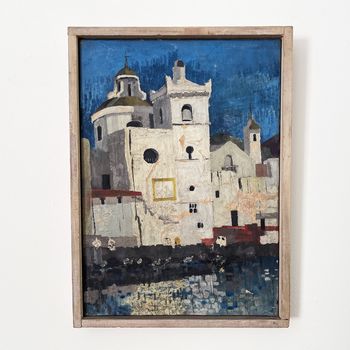 A Small Oil on Board Painting of a Mediterranean Village