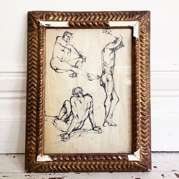 A 1950's French Pen on Paper Male Life Study in Gilt Wood Frame