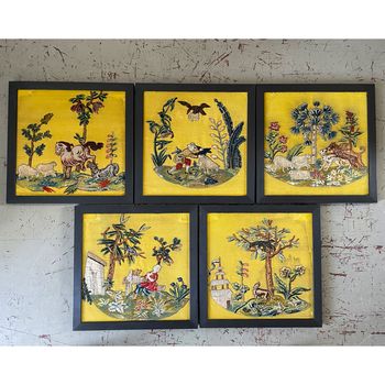 A Set of Five 18th C English Rare Embroidered Panels on Yellow Silk