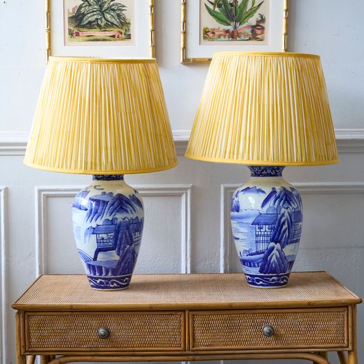 A large pair of Japanese late 19th/early 20th century blue and white porcelain vases converted into table lamps