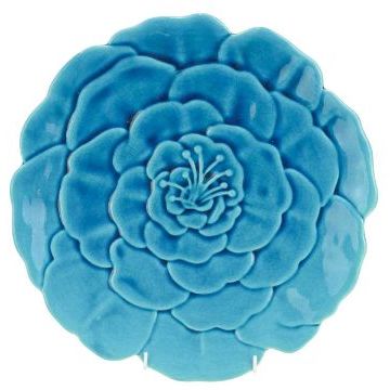 A French Charolles faience Art Nouveau plate with moulded peony flowerhead decoration and turquoise glaze