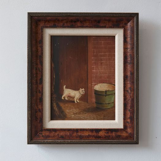An antique oil on board naive study of a dog in a stable