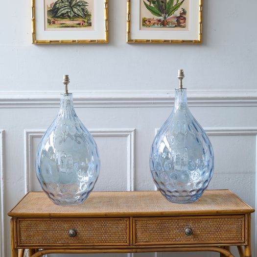 A pair of blown glass teardrop table lamp bases (PAT Tested) with polka dot lampshades