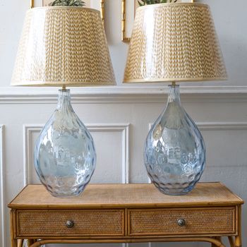 A pair of blown glass teardrop table lamp bases (PAT Tested) with polka dot lampshades