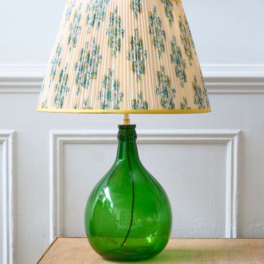 A vintage bottle green glass carboy table lamp (PAT tested) with an Imogen Pope lampshade.