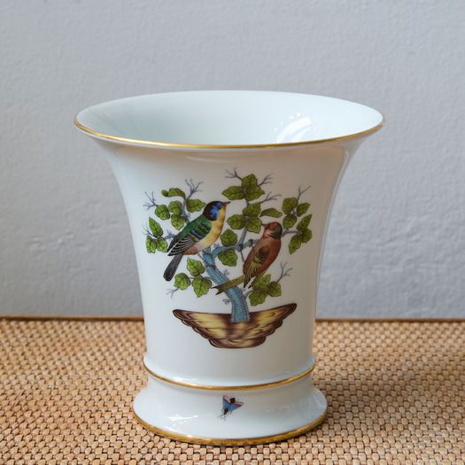 A hand painted Herend vase with a flared rim with gold trim in the Rothschild bird patter