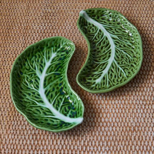 A pair of vintage Portuguese green majolica Bordallo Pinheiro cabbage leaf dishes