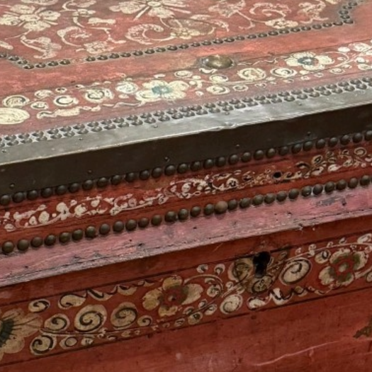 Chinese export leather and brass bound trunk