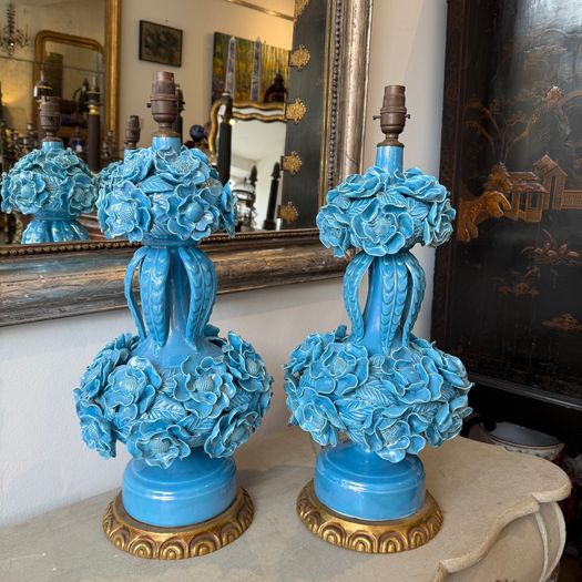 Large pair of blue Casa Pupo flower lamps