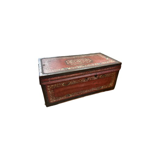 Chinese export leather and brass bound trunk