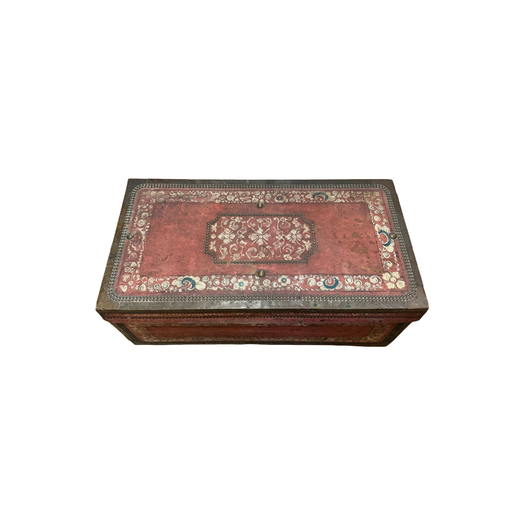Chinese export leather and brass bound trunk