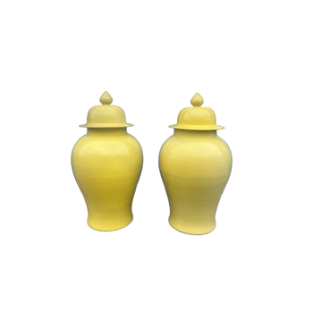 Large pair of yellow ground glazed temple jars with lids
