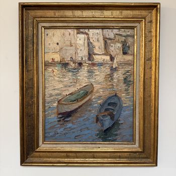 Mid century oil painting harbour scene