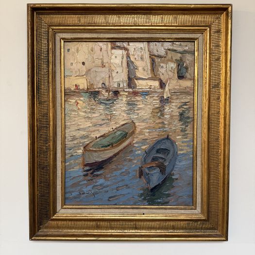 Mid century oil painting harbour scene