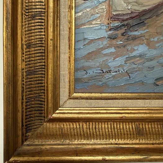 Mid century oil painting harbour scene