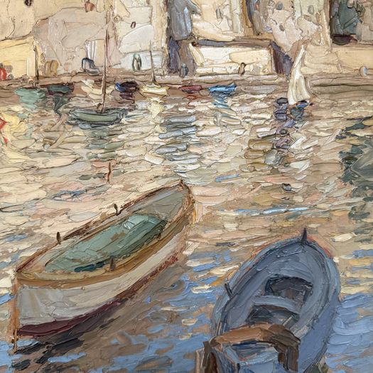 Mid century oil painting harbour scene