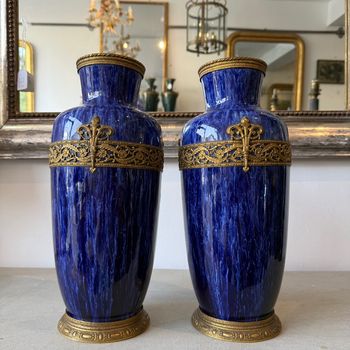 Pair of mottled blue glazed vases