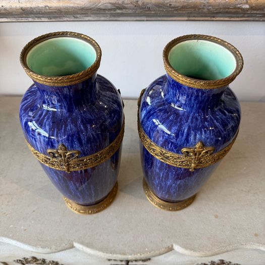 Pair of mottled blue glazed vases
